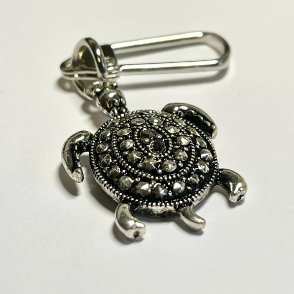 Marcasite Crystal Turtle Keychain Zipper Pull Purse Charm Backpack Silver Plated - Picture 5 of 9